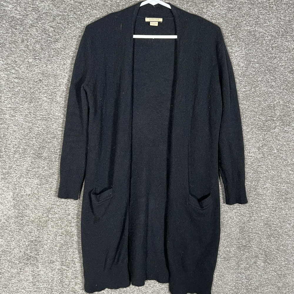 Amicale Sweater Womens‎ XS Black 100% Cashmere Open Front Cardigan Longline